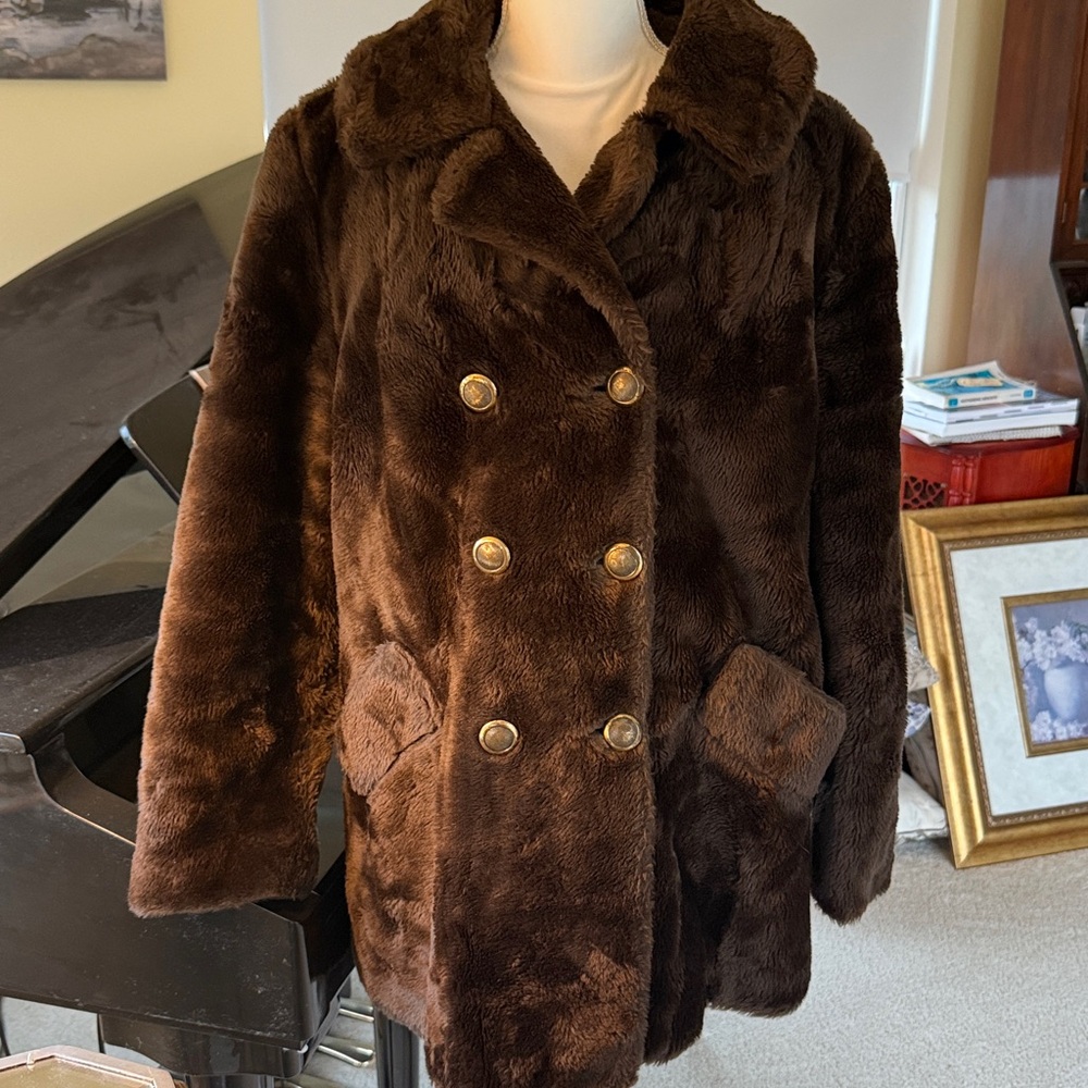 Brown faux fur double breasted jacket warm cozy button front